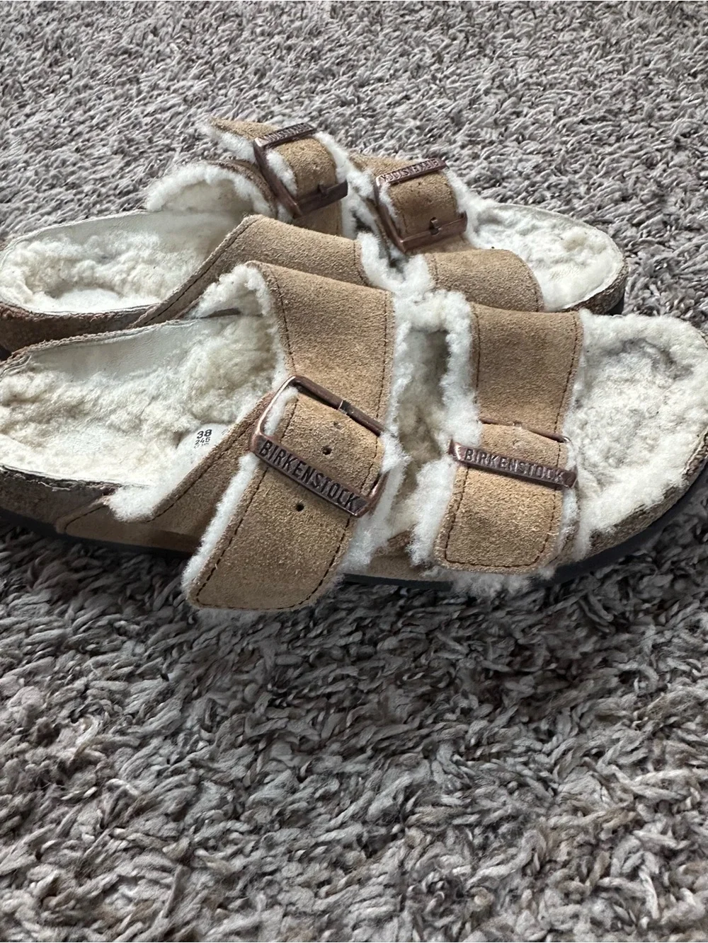 Birkenstock Shearling Suede Sandals in Taupe and Cream Size 7